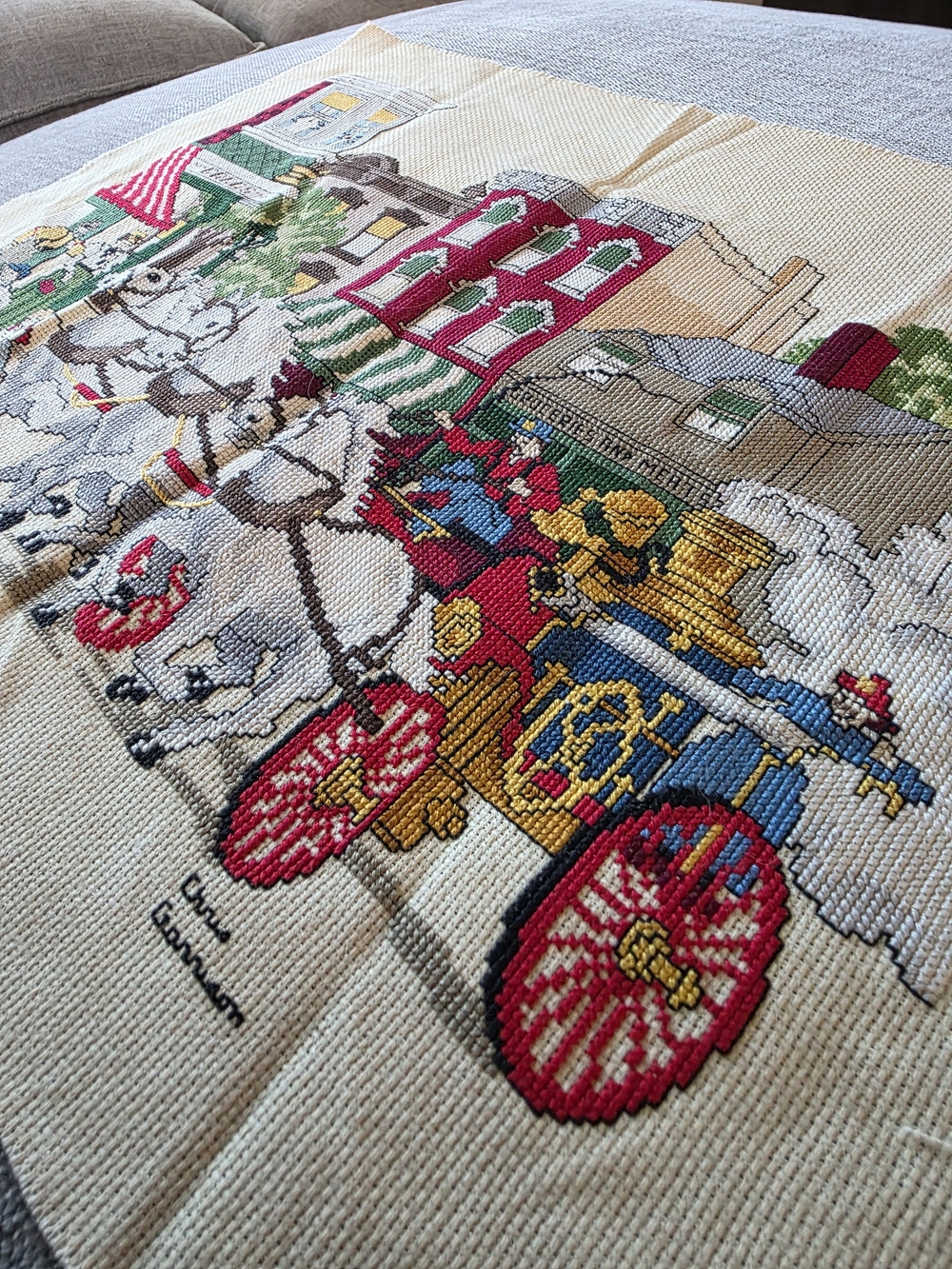 Vintage Cross Stitch Horse-Drawn Fire Wagon Scene Unframed Tapestry